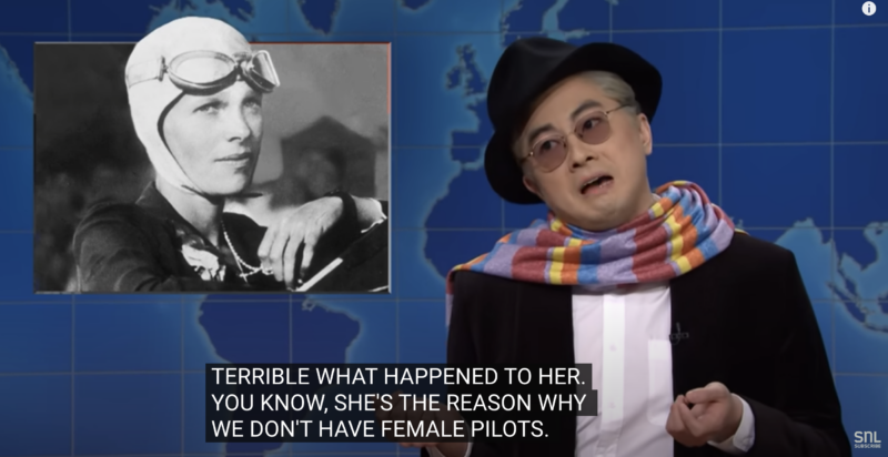 Bowen Yang (as Truman Capote) on SNL Weekend Update attacking pilot Amelia Earhart